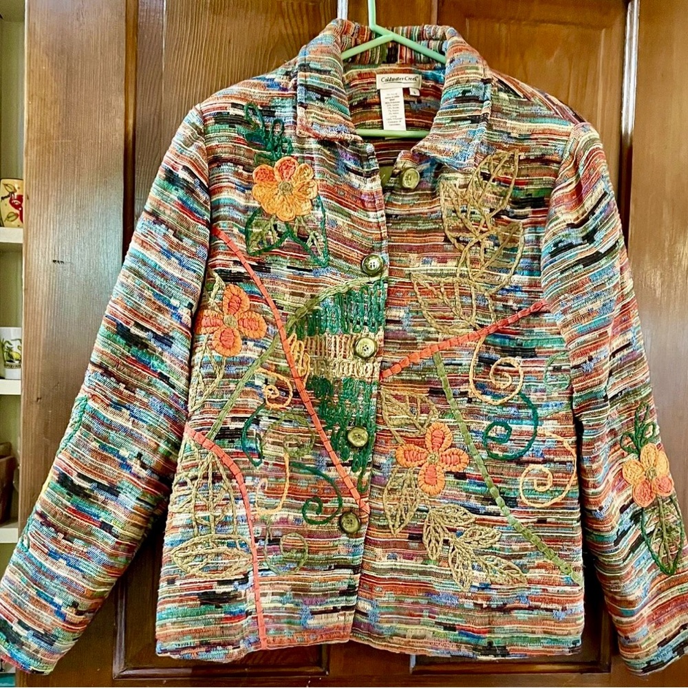 Coldwater Creek Orange Green Artsy Floral Embroidered Lined Blazer Jacket Coat L